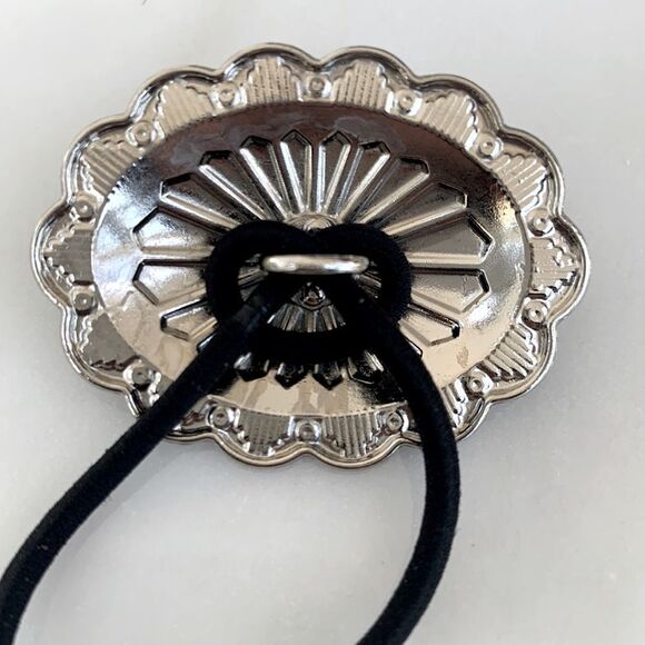 Western Concho Ponytail Holder with Faux Turquoise Sunburst Repoussé Hair Tie - Picture 6 of 9